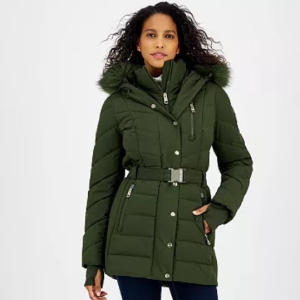 NWT Michael Michael Kors Women’s Belted Bibbed Hooded Puffer Coat - Olive